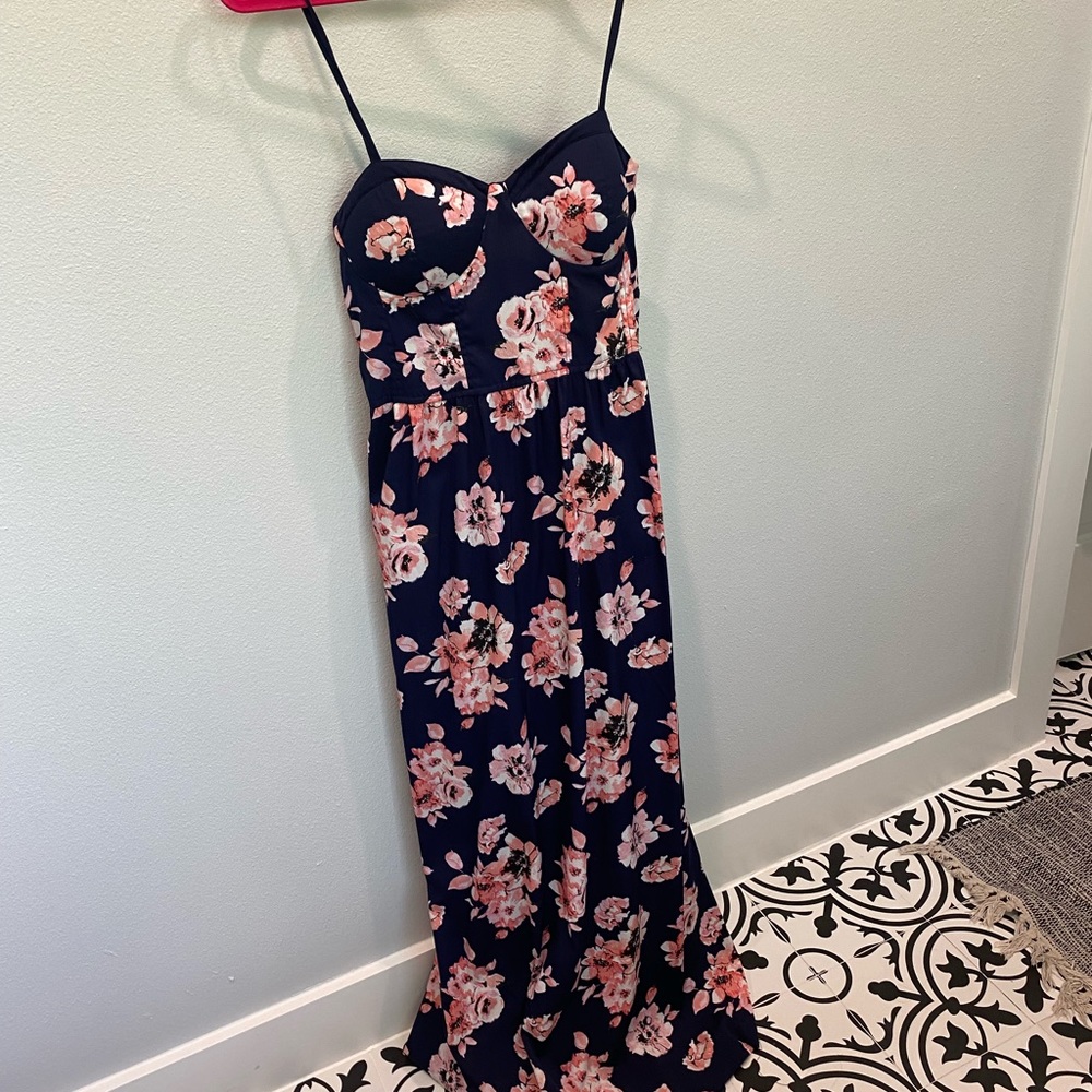 Navy blue Maxi dress with pink flowers. Size M